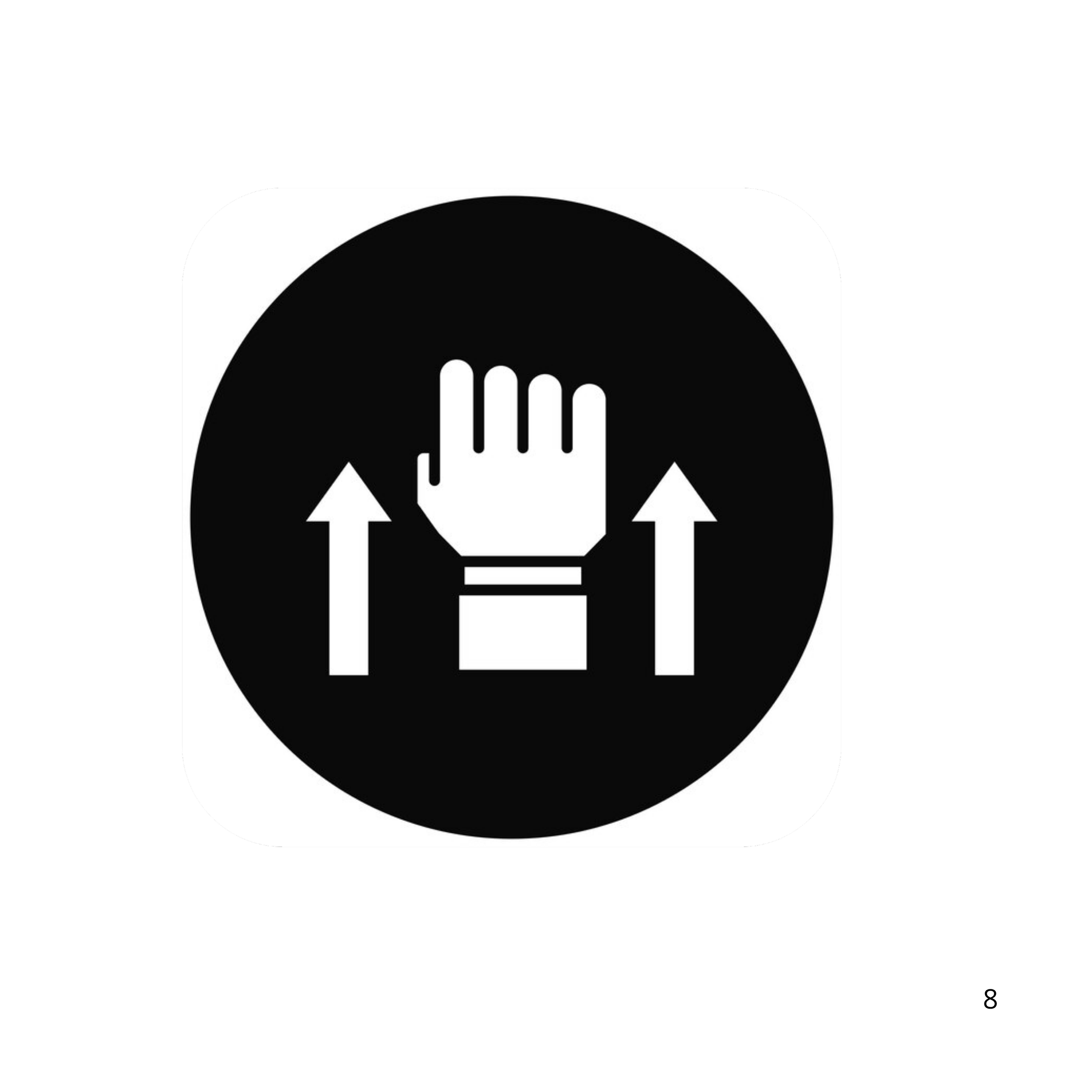 A black and white safety sign indicating to keep hands clear, showing a hand with two upward arrows.
