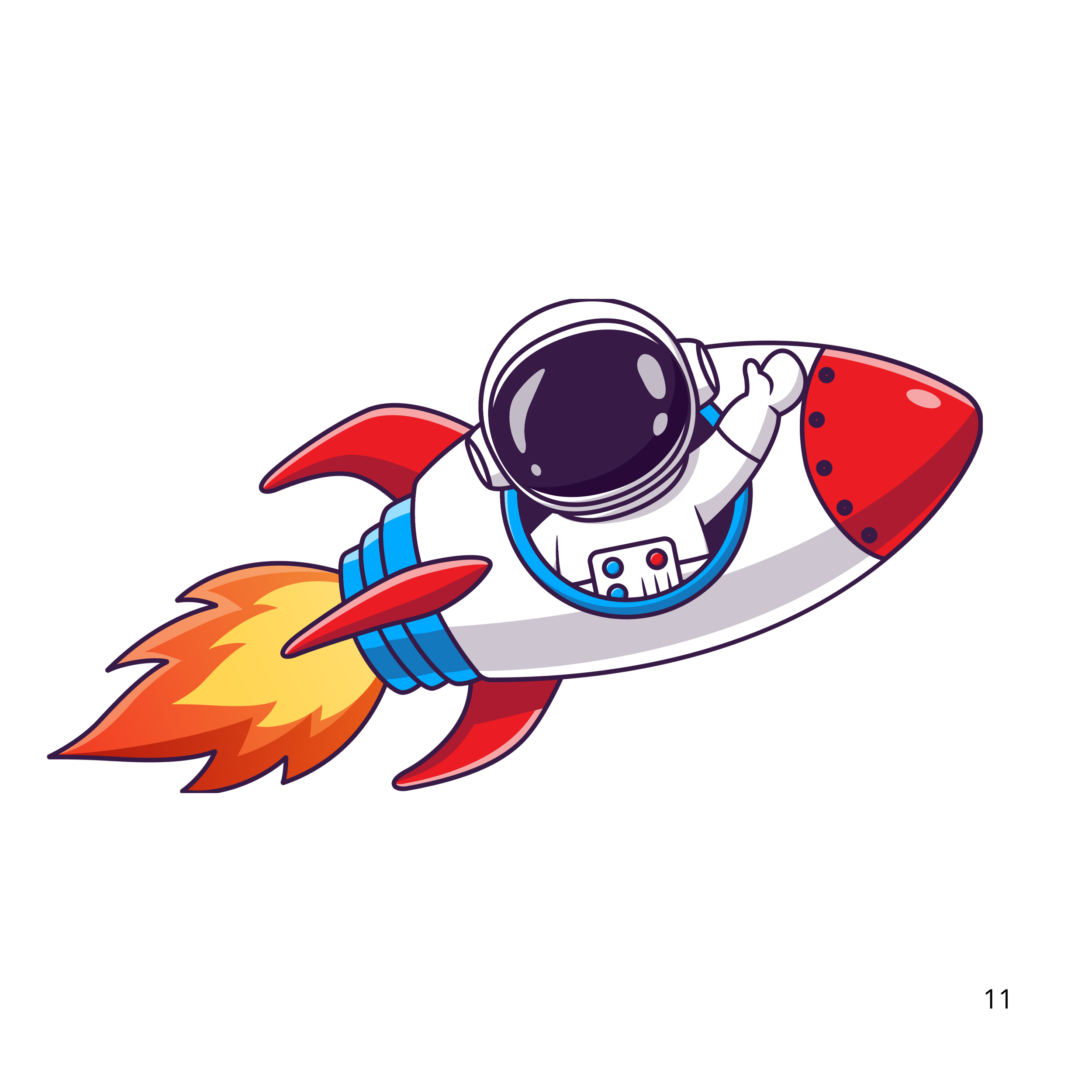 Cartoon astronaut in a space suit riding a rocket with flames coming out of the engine, waving.