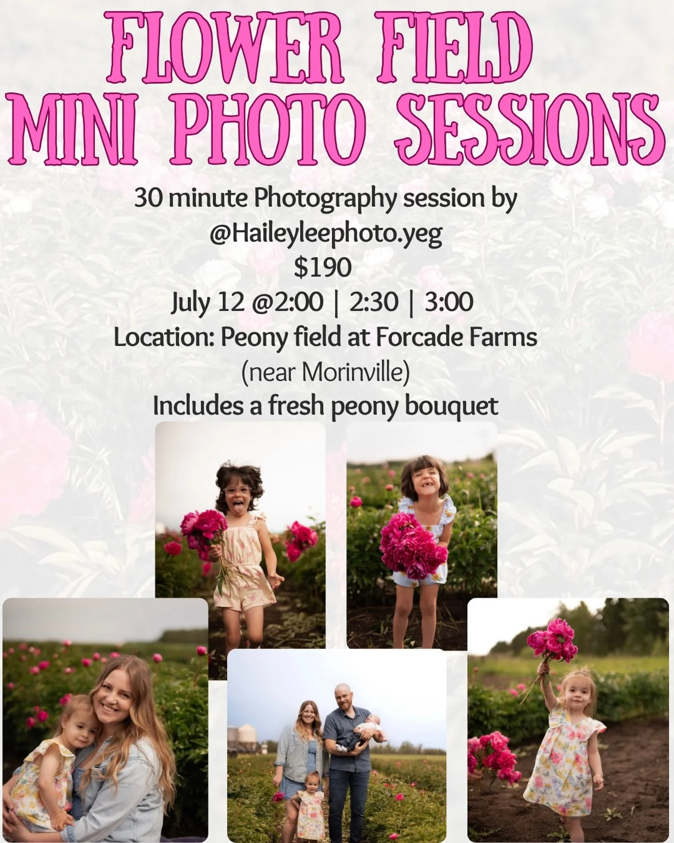 Excited to share we are offering flower field mini photo shoot with @haileyleephoto.yeg 
She&rsquo;s taken shots in our field before and they&rsquo;re incredible! 
Sign up for a time on our website! 

We&rsquo;re located near Morinville, AB. Directio