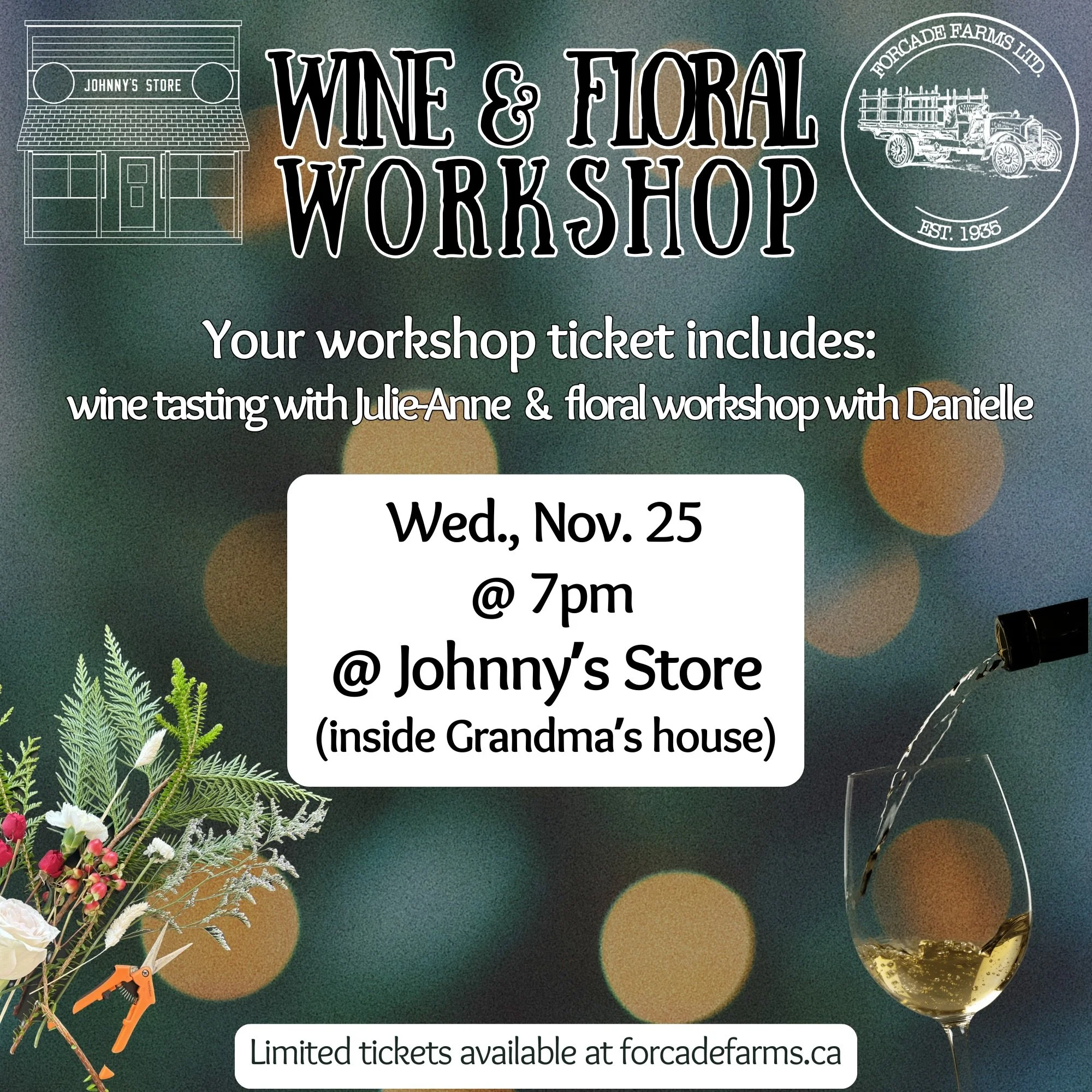 Back by popular demand! 
Another @johnnysnamao @forcadefarms collab!
Julie-Anne will offer wine samples and Danielle will lead a floral arranging workshop. 
These tickets will sell quick, snag yours asap! Link in bio or forcadefarms.ca
