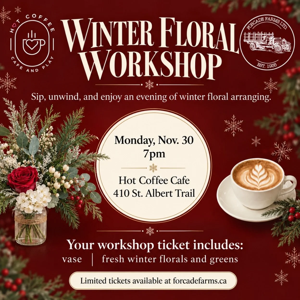 Nothing more amazing than fresh cedar and florals just in time for the holidays. 🌲
Join us at @hotcoffeecafe and create a winter arrangement that will last for weeks!
Tickets available through forcadefarms.ca or link is in our bio!
@hotcoffeecafe ha