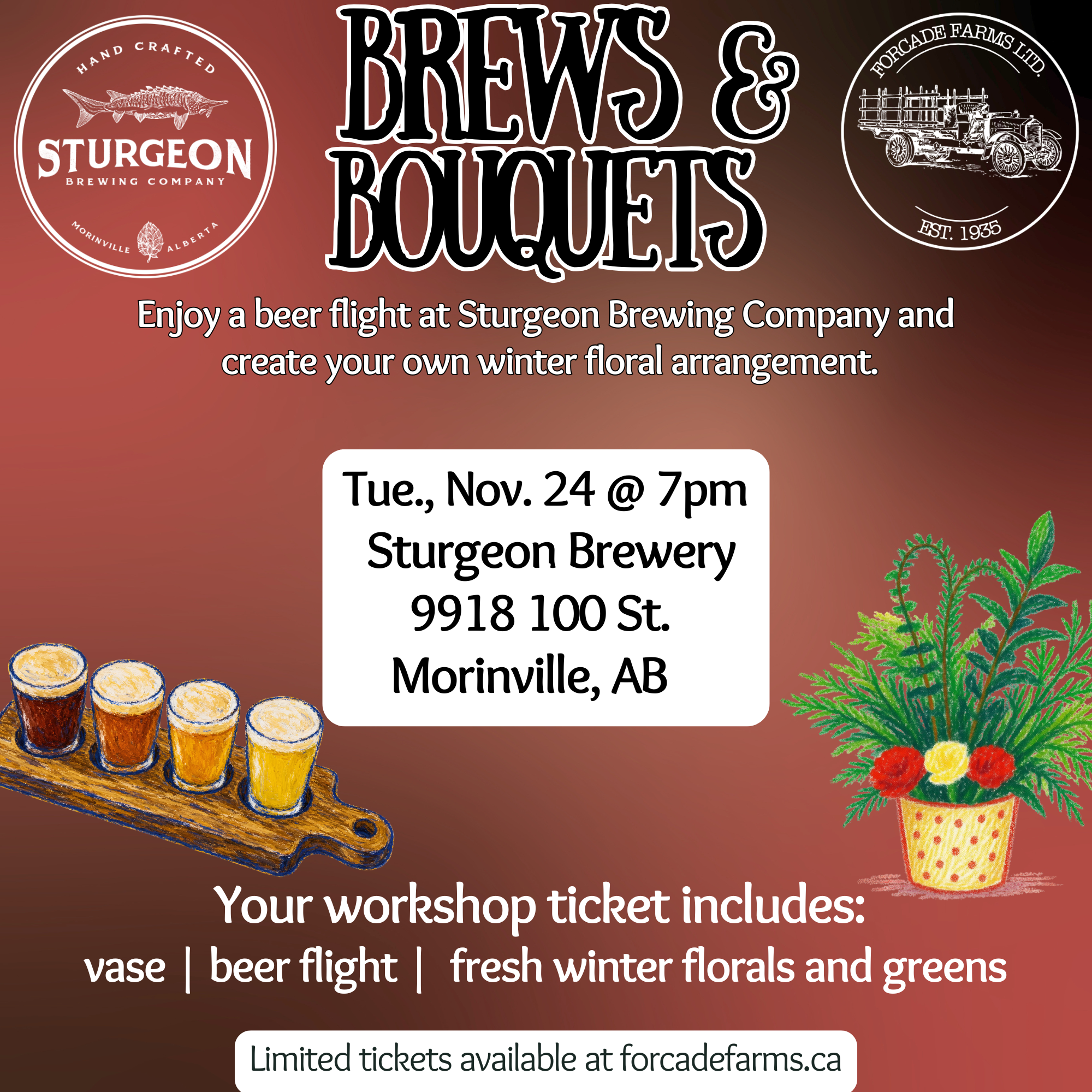 Brews & Bouquets Flower Workshop @ Sturgeon Brewing Company Nov. 24