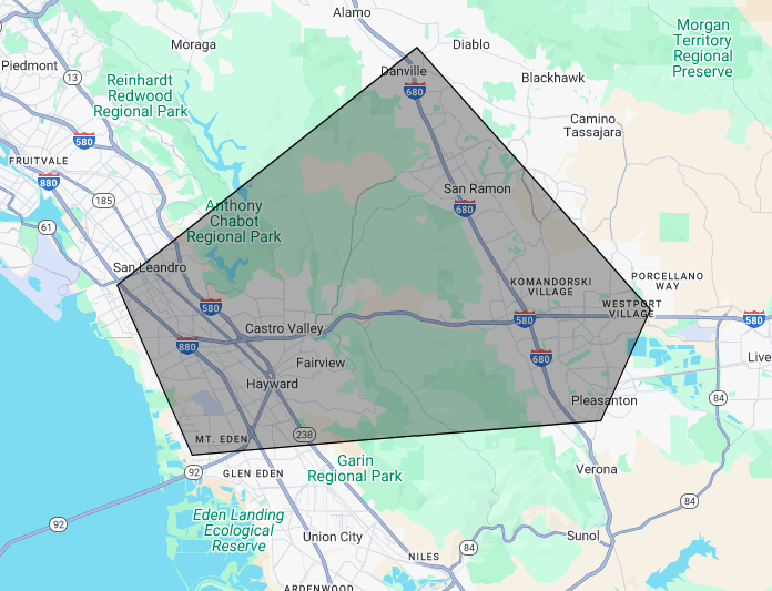 Map highlighting the area covering Danville, San Ramon, Castro Valley, Pleasanton, and surrounding locations in California.