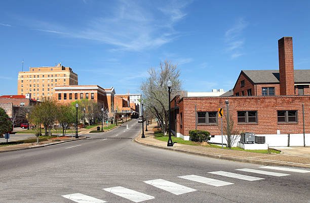 A street corner with brick buildings, trees, and a crosswalk in a small town setting during the day.