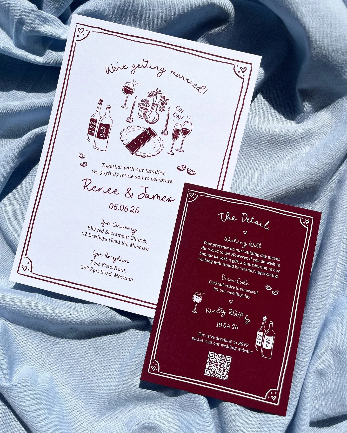 For beautiful Renee &amp; James 🫶 Burgundy colour palette with custom illustrations &amp; handwritten font #weddingstationery #design #illustration