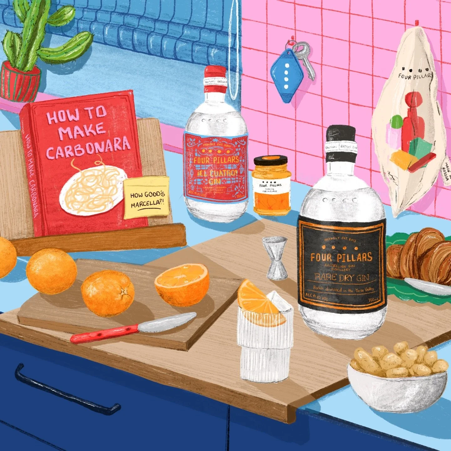 A heartfelt goodbye artwork for @marcella_oz 🍸who was a big part of the creative brilliance at @fourpillarsgin !! The artwork features some fun moments with the best gin in Aus 🫶 #illustration #fourpillarsgin #bespokedrawing