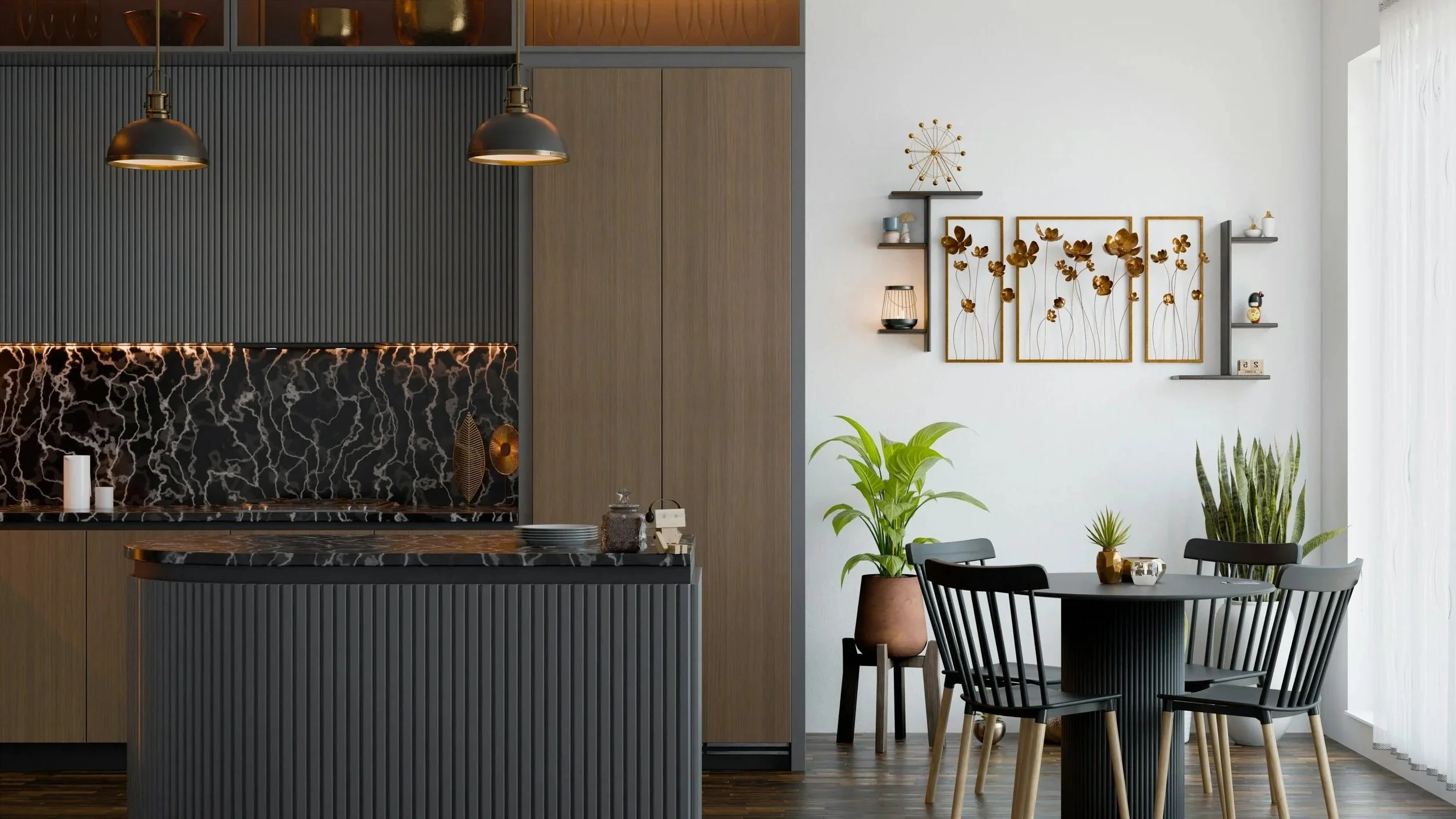 A modern living space with a black and gold kitchen, decorative wall art, and a dining area with black chairs, plants, and natural light from a large window.