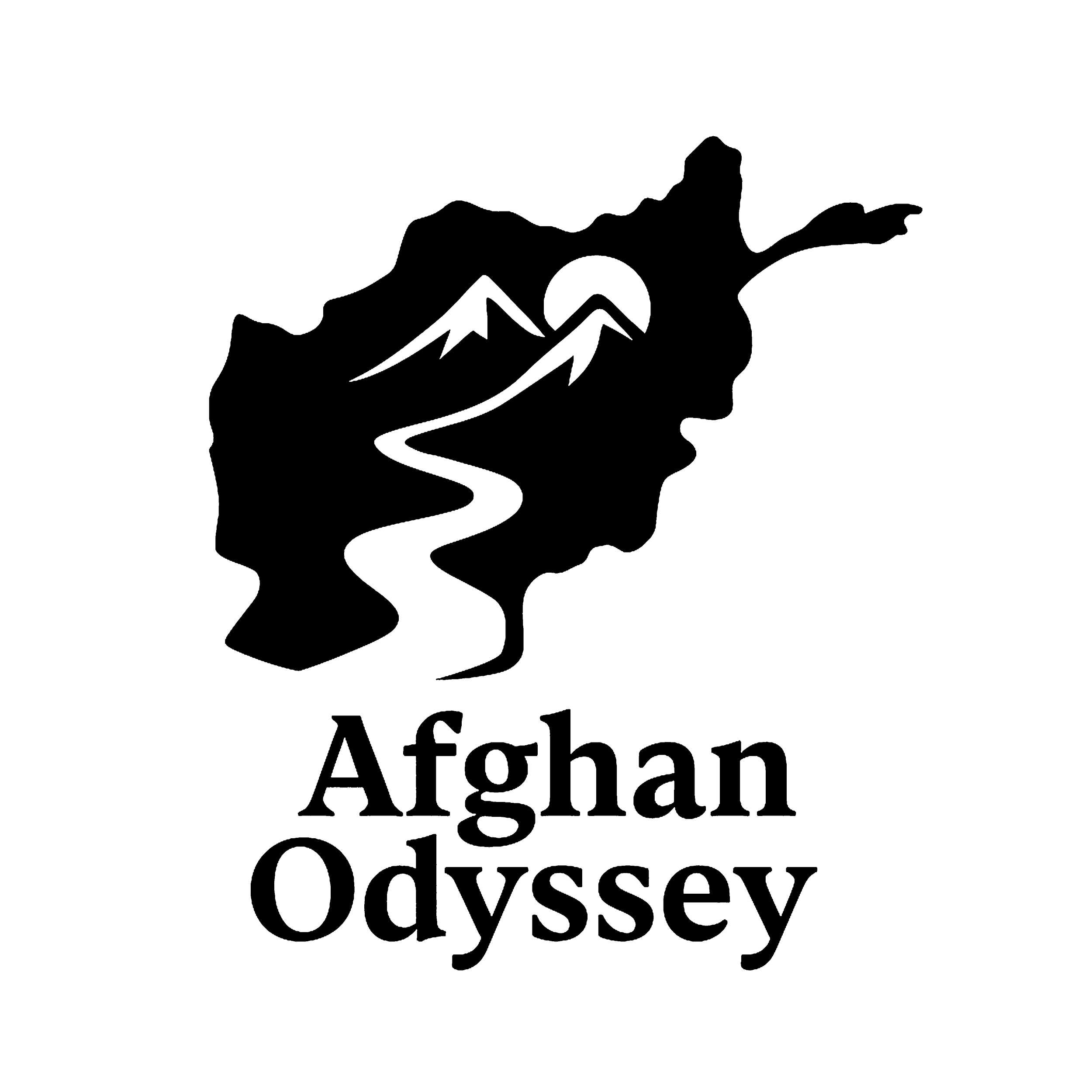 Afghan Odyssey Logo.  Outline of Afghanistan with a river flowing in the mountains and the sun.