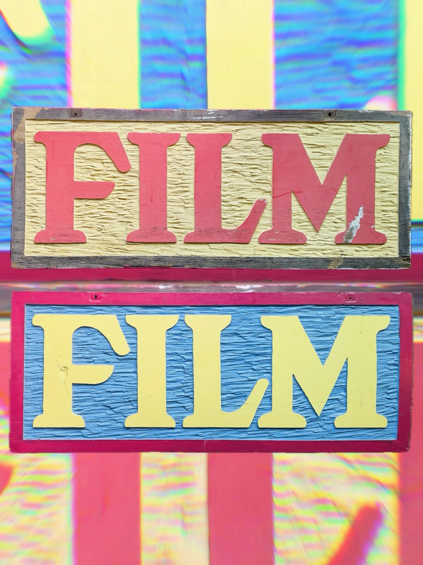A large, wood, double-sided camera store sign from the golden age of film. From a time when every shot was intentional and every roll held a little suspense. Bold colors, beautiful wear, and pure nostalgia for time passed. 

54&rdquo; x 21.5&rdquo;

