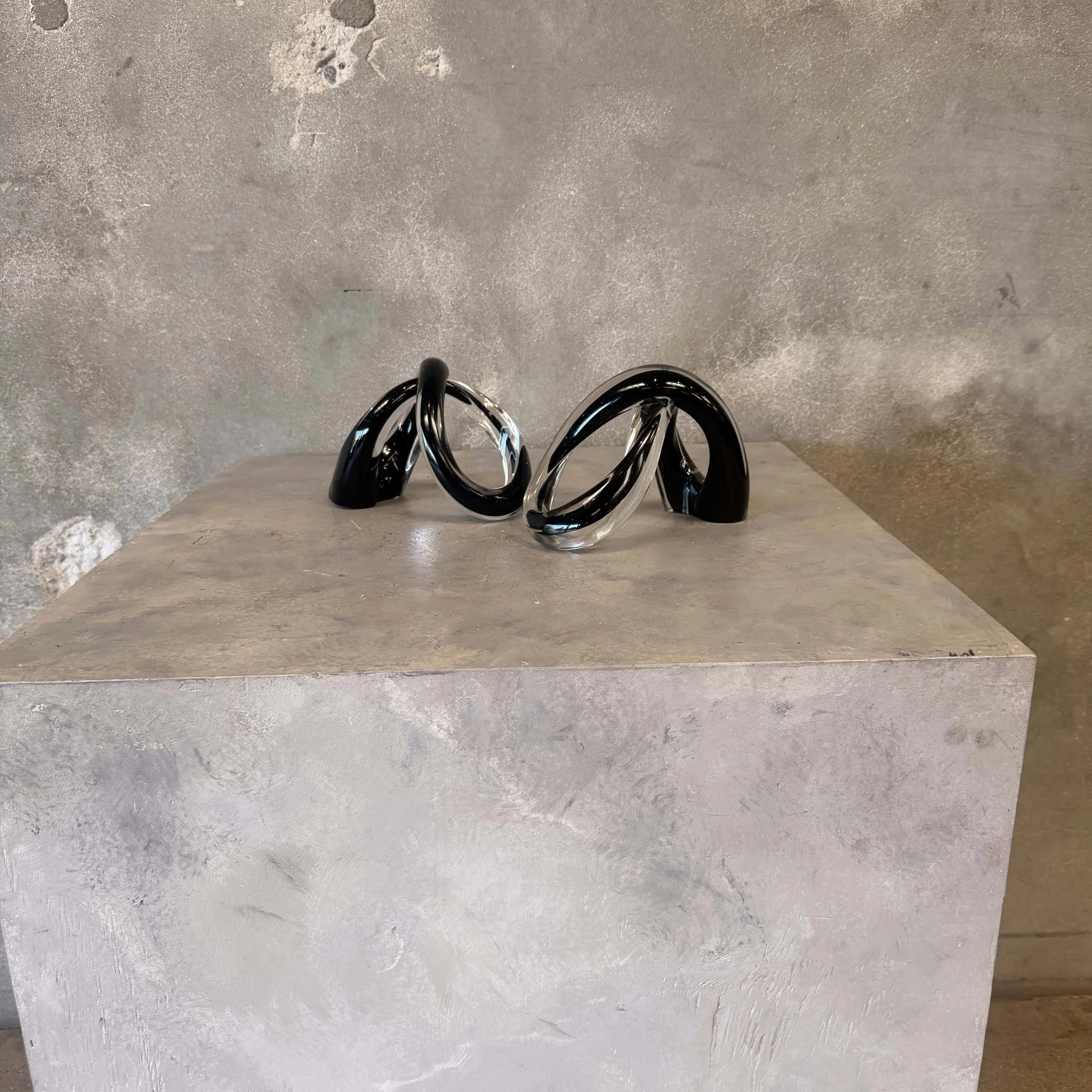 Pair of Italian Glass Objects - Black &amp; Clear Glass