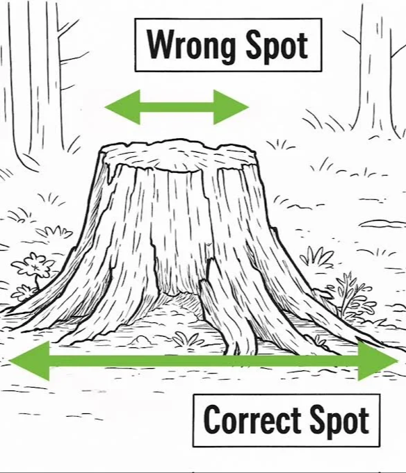A tree stump with arrows indicating incorrect and correct spots for placement. The incorrect spot is above the stump, and the correct spot is at the base of the stump on the ground.