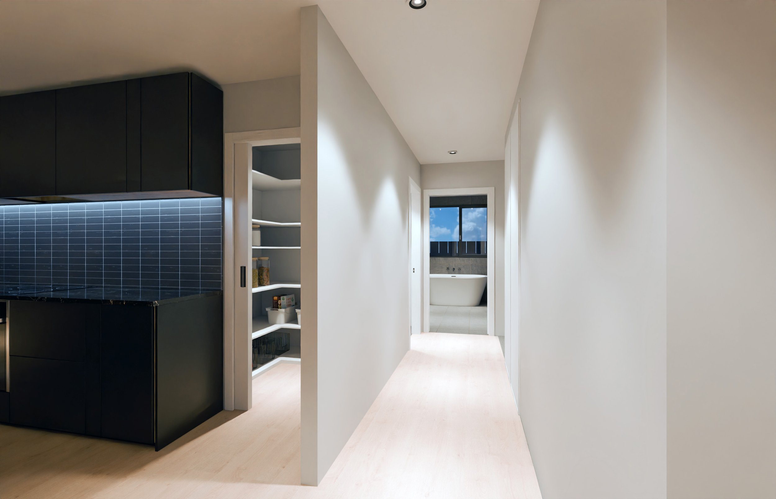 A modern, minimalist hallway leading to a bathroom with a bathtub and window showing a blue sky with clouds.