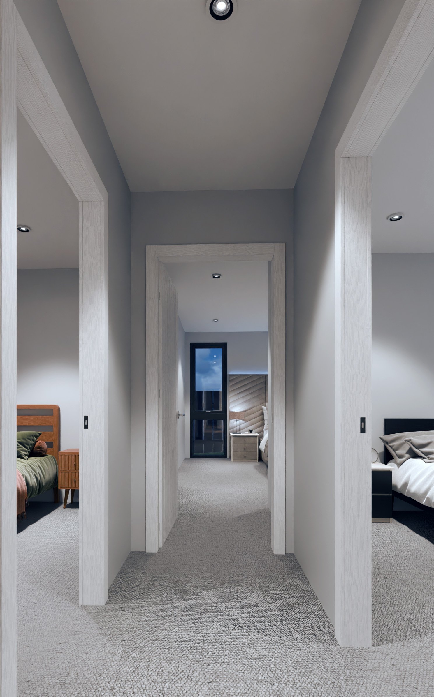 View of a hallway with three doorways leading to bedrooms, and a window at the end showing a moonlit sky.