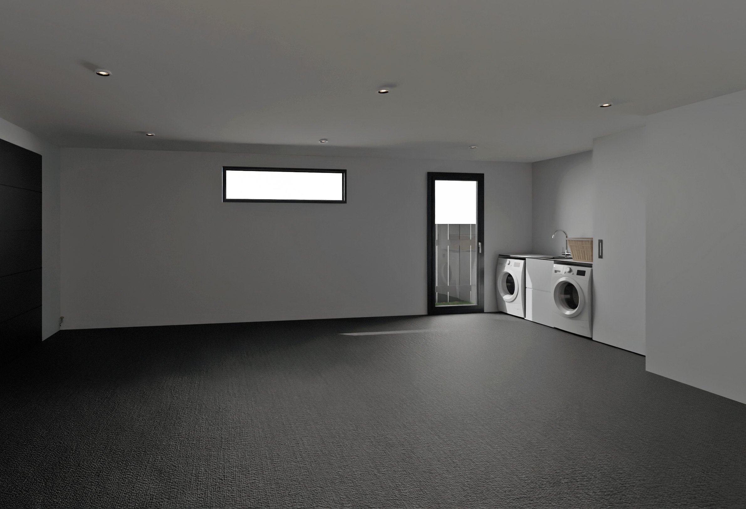 Empty laundry room with white washing machine and dryer, black framed window, and door leading outside, with gray carpeted floor and white walls.