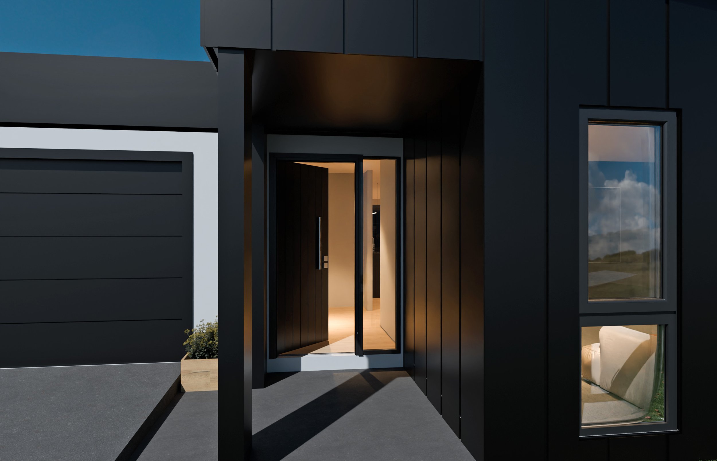 Modern black house entrance with open door, interior lighting, and windows showing sky and landscape.