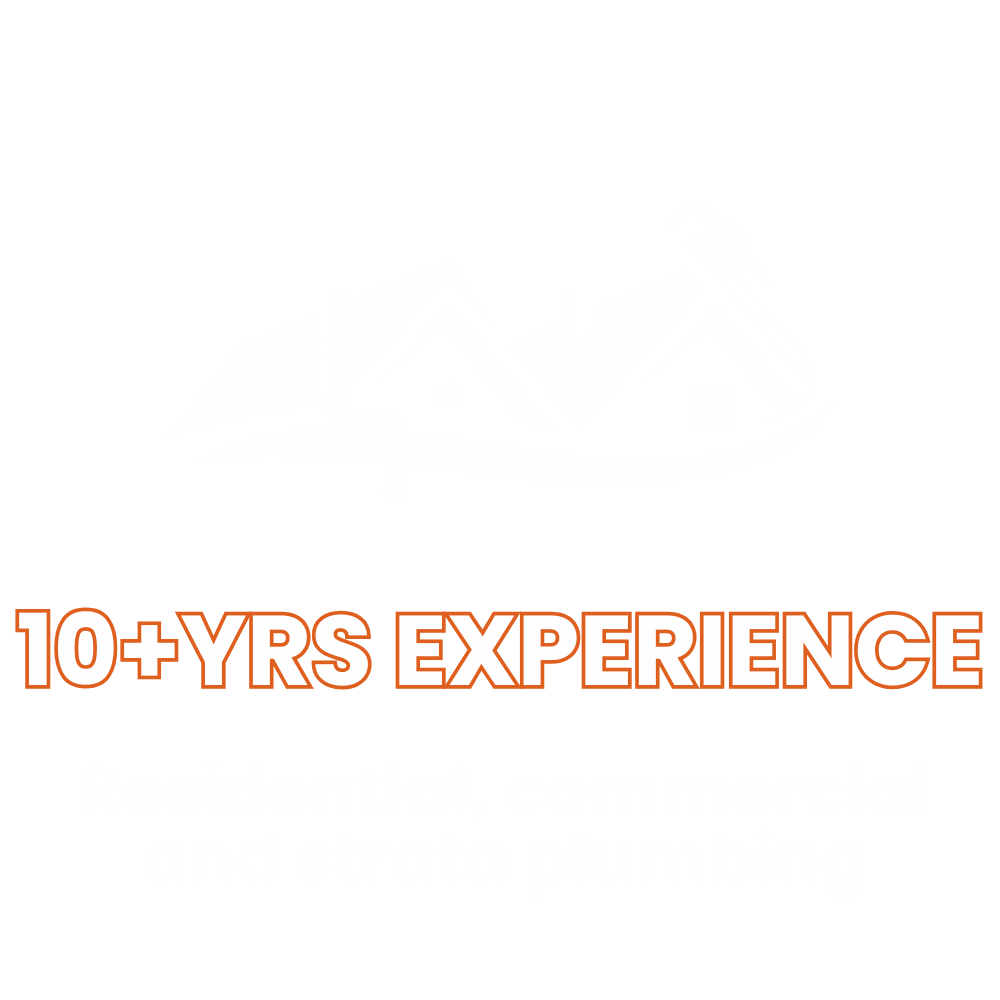 Logo for a plumbing company featuring a stylized house with pipes and a wrench, with the text '10+YRS EXPERIENCE' and 'Residential, commercial and strata plumbing'