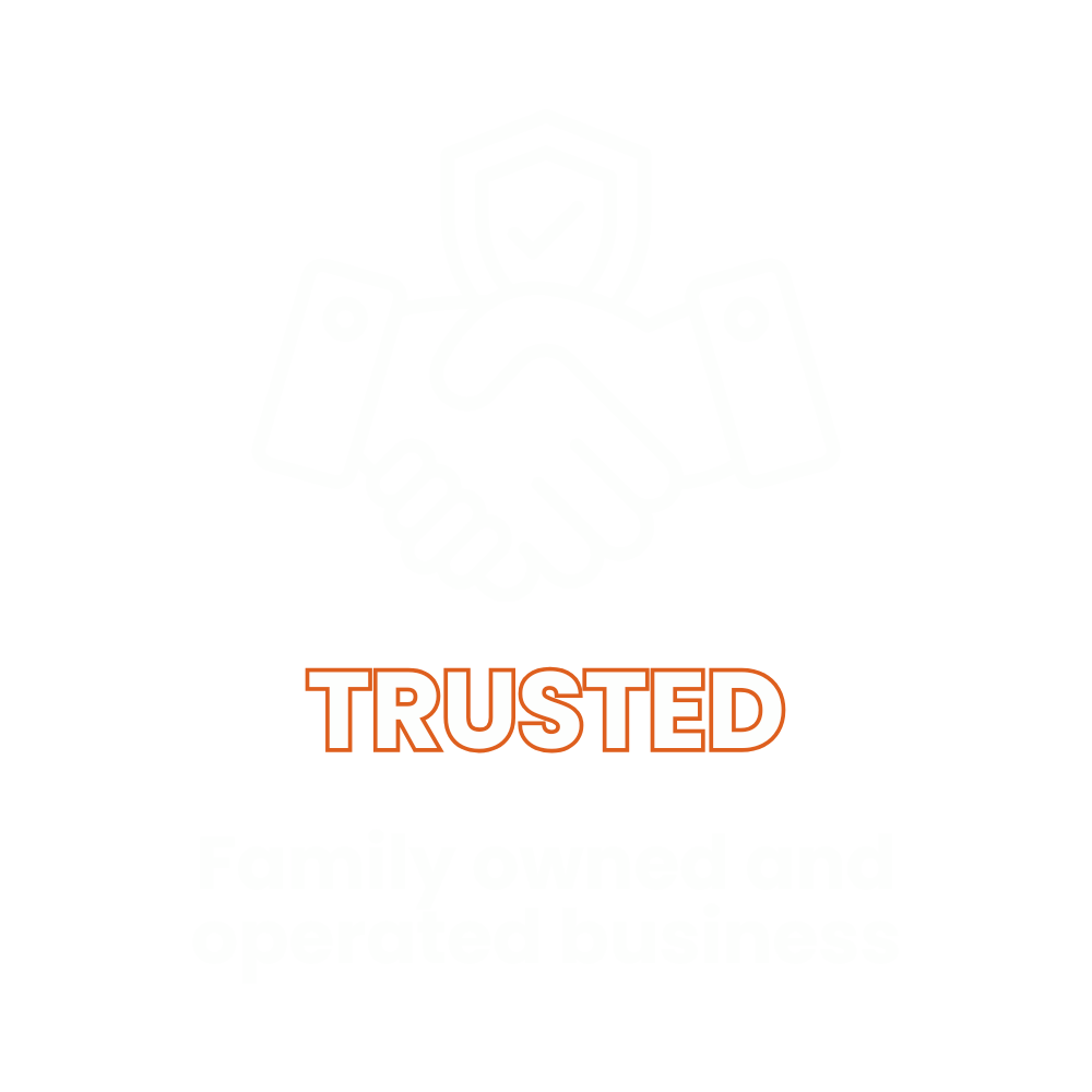 Icon of a handshake with a shield and checkmark above, and the words "TRUSTED" in large orange letters and "Family owned and operated business" below, on a black background.