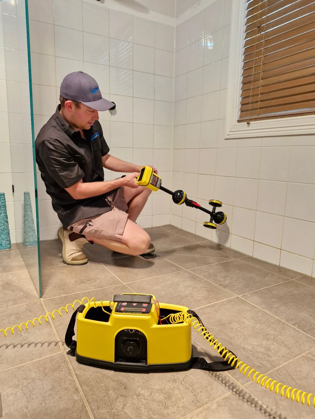 A technician is crouching in a tiled bathroom holding a handheld device connected to a yellow sensor, which is placed on the tiled floor. The technician is wearing a gray cap, a black shirt, beige shorts, and beige shoes. There is a yellow device with a coiled cord on the floor nearby.