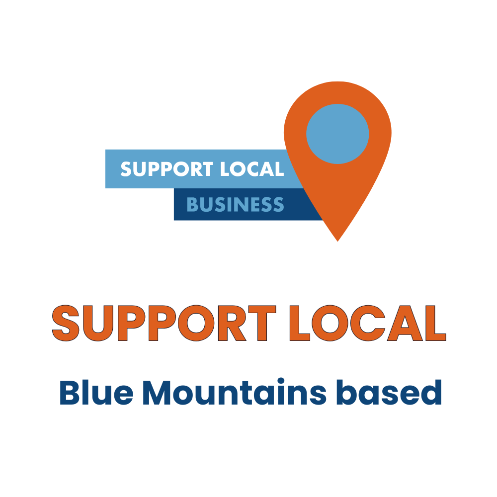 Logo with a location pin and text that says "Support Local," "Business," "Support Local," and "Blue Mountains based."