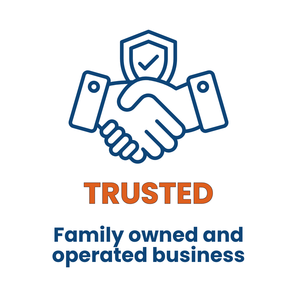 Illustration of two hands shaking with a shield and checkmark above them, and the word "TRUSTED" in orange below, followed by "Family owned and operated business" in blue.