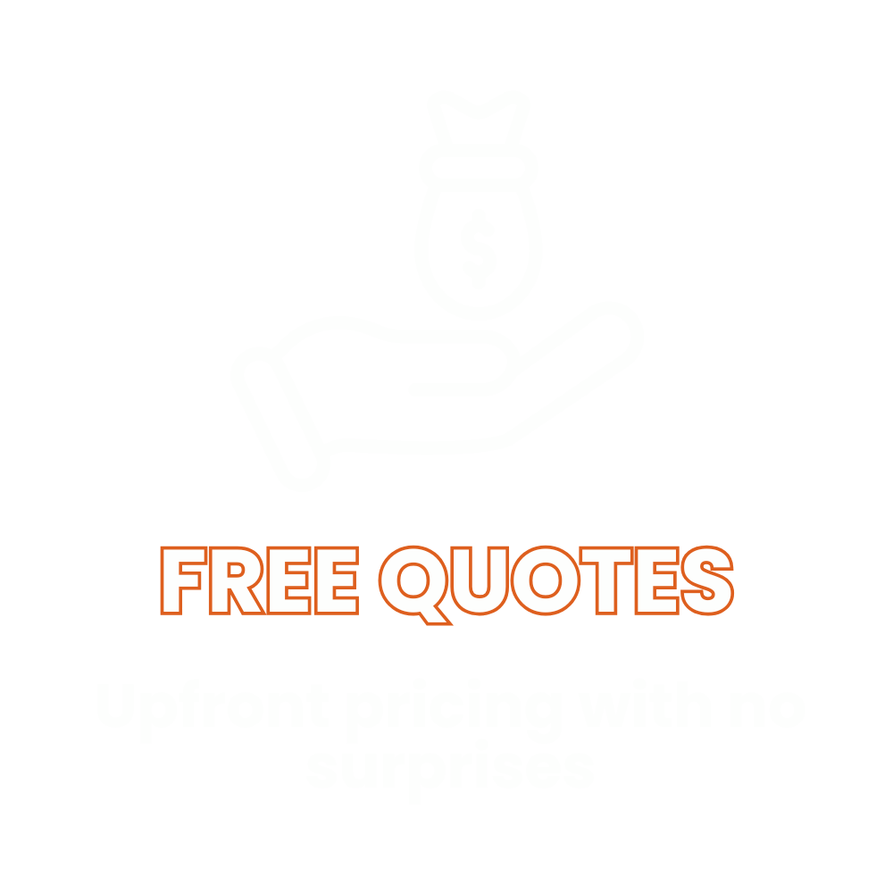 Outline icon of a hand holding a money bag with a dollar sign, with text below reading "FREE QUOTES" and "Upfront pricing with no surprises" on a black background.