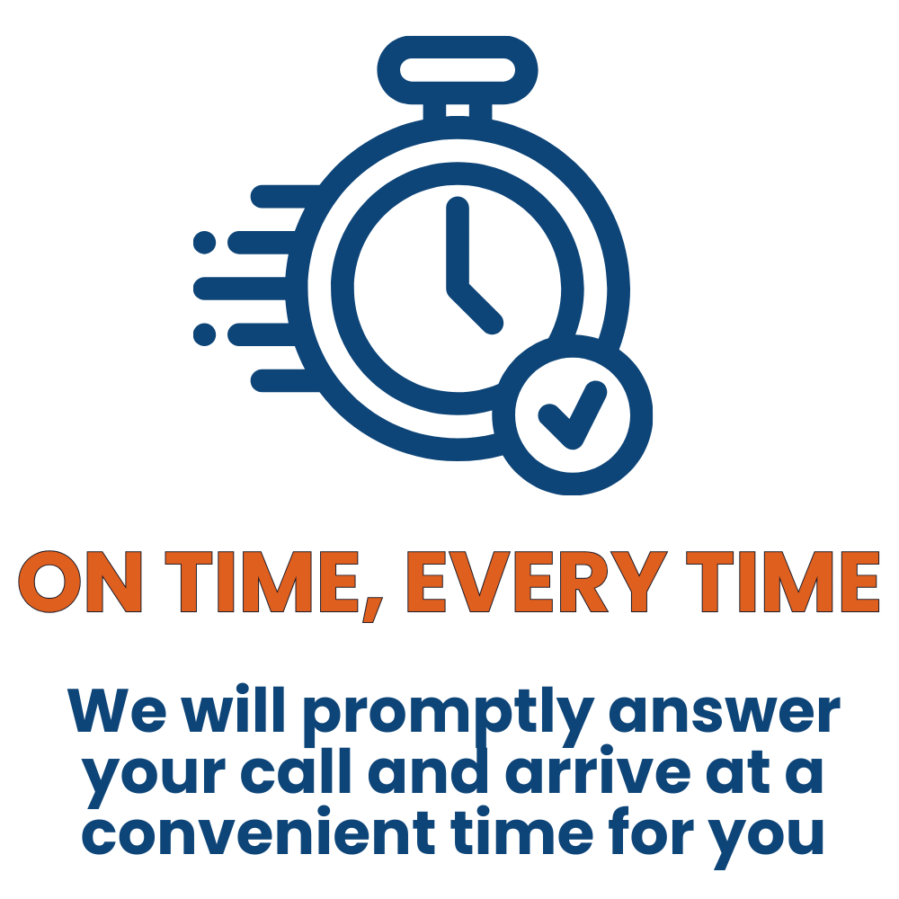 Clock with motion lines and a checkmark, along with the text "On Time, Every Time."