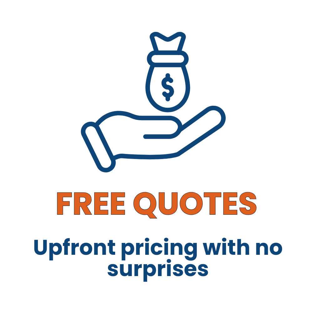 An orange and blue graphic with a hand holding a money bag, above the text "FREE QUOTES" in bold orange, and below it reads "Upfront pricing with no surprises" in smaller blue font.