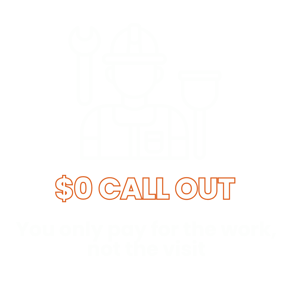 Icon of a construction worker wearing a helmet, with a wrench on the left and a broom on the right, and text '$0 CALL OUT' above 'You only pay for the work, not the visit'.