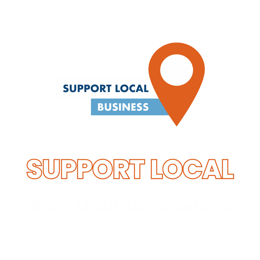 A graphic promoting supporting local businesses in the Blue Mountains area, featuring a location pin icon and bold text.