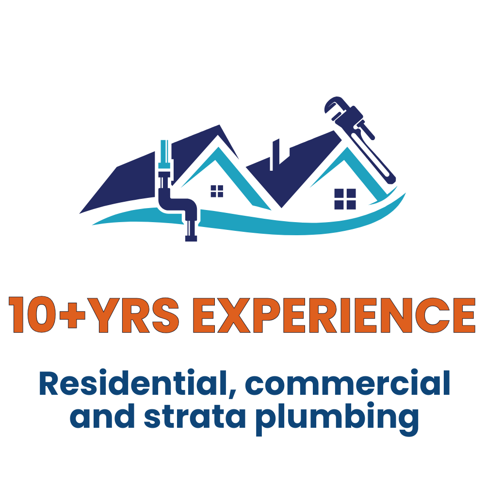 Logo featuring house illustration with plumbing elements and text indicating over 10 years of experience in residential, commercial, and strata plumbing.