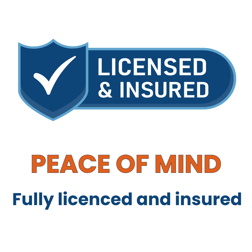 A badge with a shield icon and check mark on the left, and the words "Licensed & Insured" in a blue oval shape. Below, it says "Peace of Mind" in orange, followed by "Fully licensed and insured" in blue.