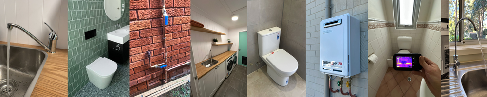 Collection of household bathroom and laundry room items and fixtures, including a kitchen sink, toilet, outdoor water faucet, laundry area, toilet with bidet, water heater, digital thermostat, bathroom mirror, and kitchen faucet.