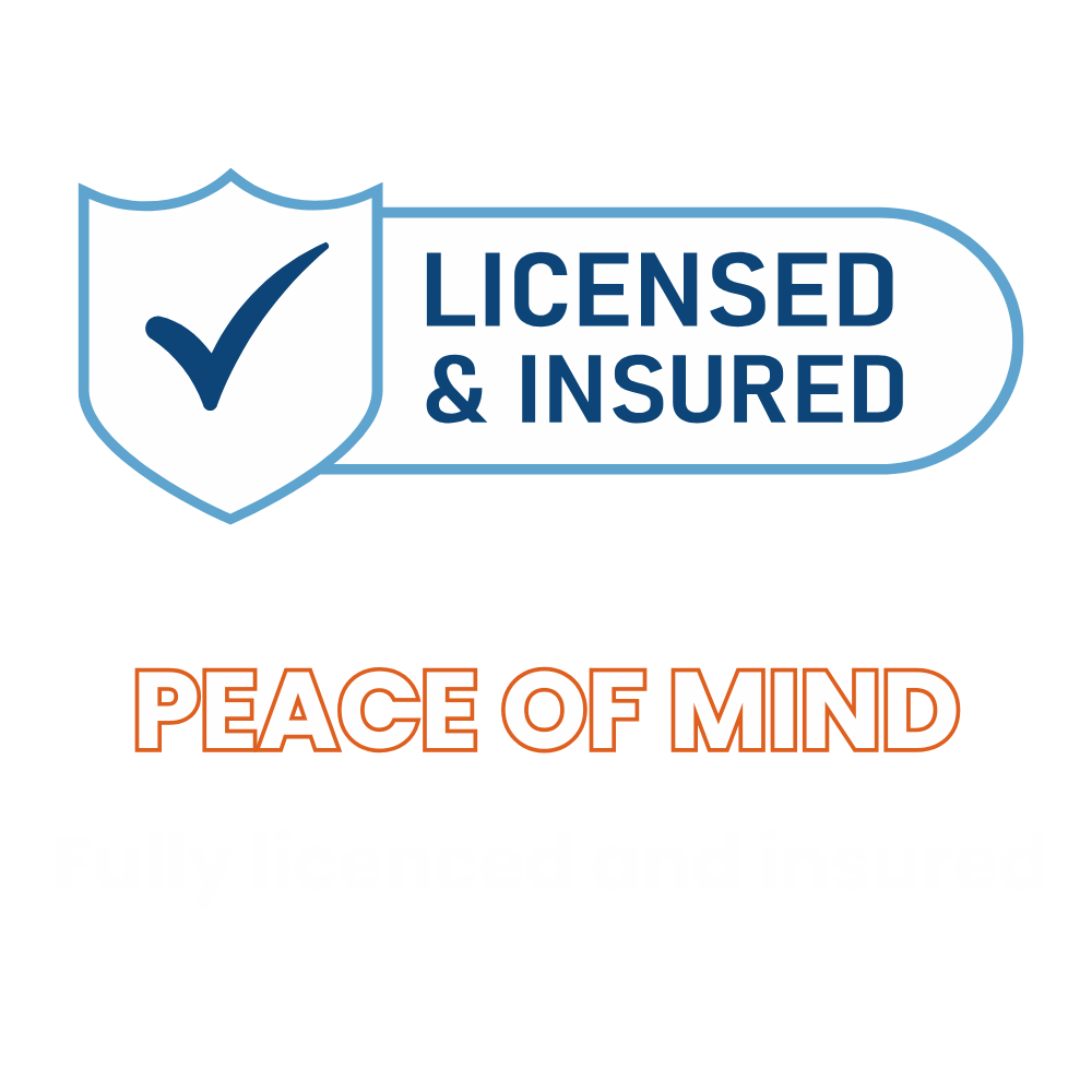 A badge with a shield icon and check mark stating "Licensed & Insured," and text below that reads "Peace of Mind," with a subtext "Fully licensed and insured."