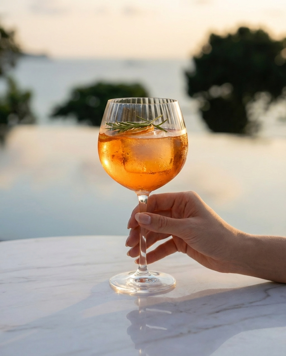 A hand holding a wine glass with an orange-colored cocktail garnished with a sprig of rosemary, with a blurred landscape of water and trees in the background.