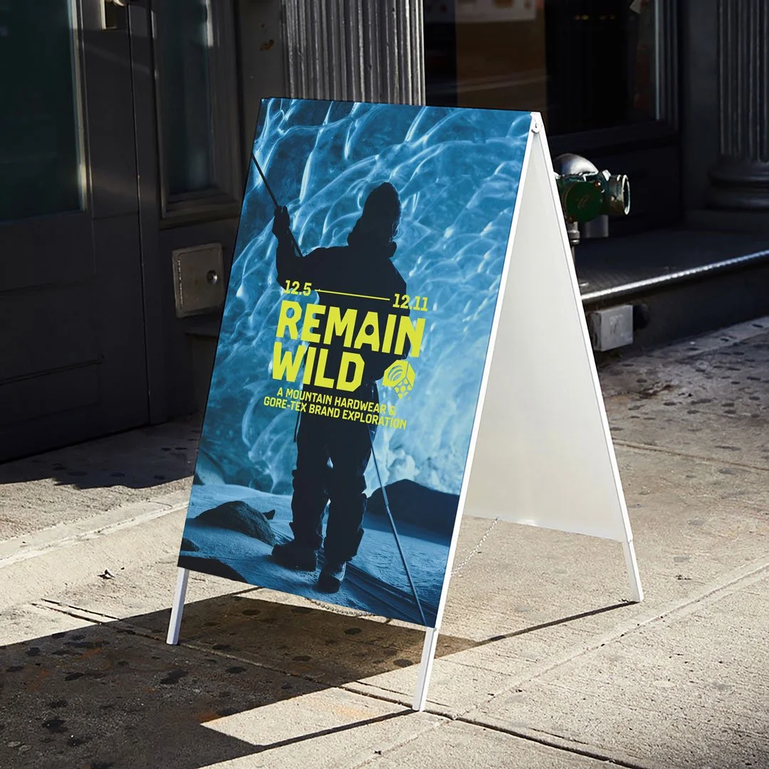 marketing A-board promoting mountain hardwear ski event