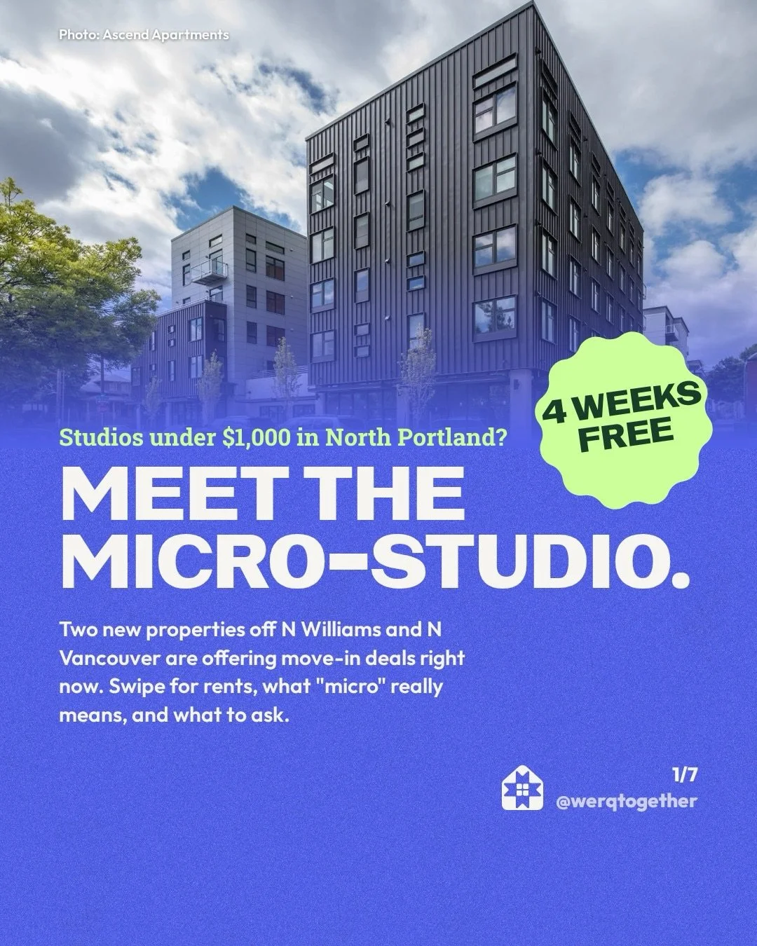 Literally in 2hrs! Tonight, Wednesday 5pm, virtual, free. Studios under $1,000 in North Portland? Two micro-studio properties are running move-in deals right now. Def a little more than a $650 roomie situation off FB but this pet friendly situation c