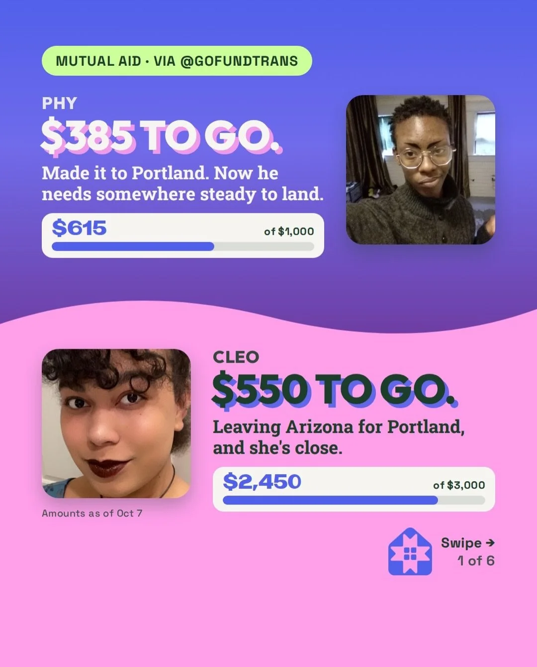 Phy and Cleo are both landing in Portland, and together they&rsquo;re $935 from their goals!

Phy made it here and needs a lil help getting his forever (for now) spot. Cleo is leaving Arizona and building a safety net for her first three months of re