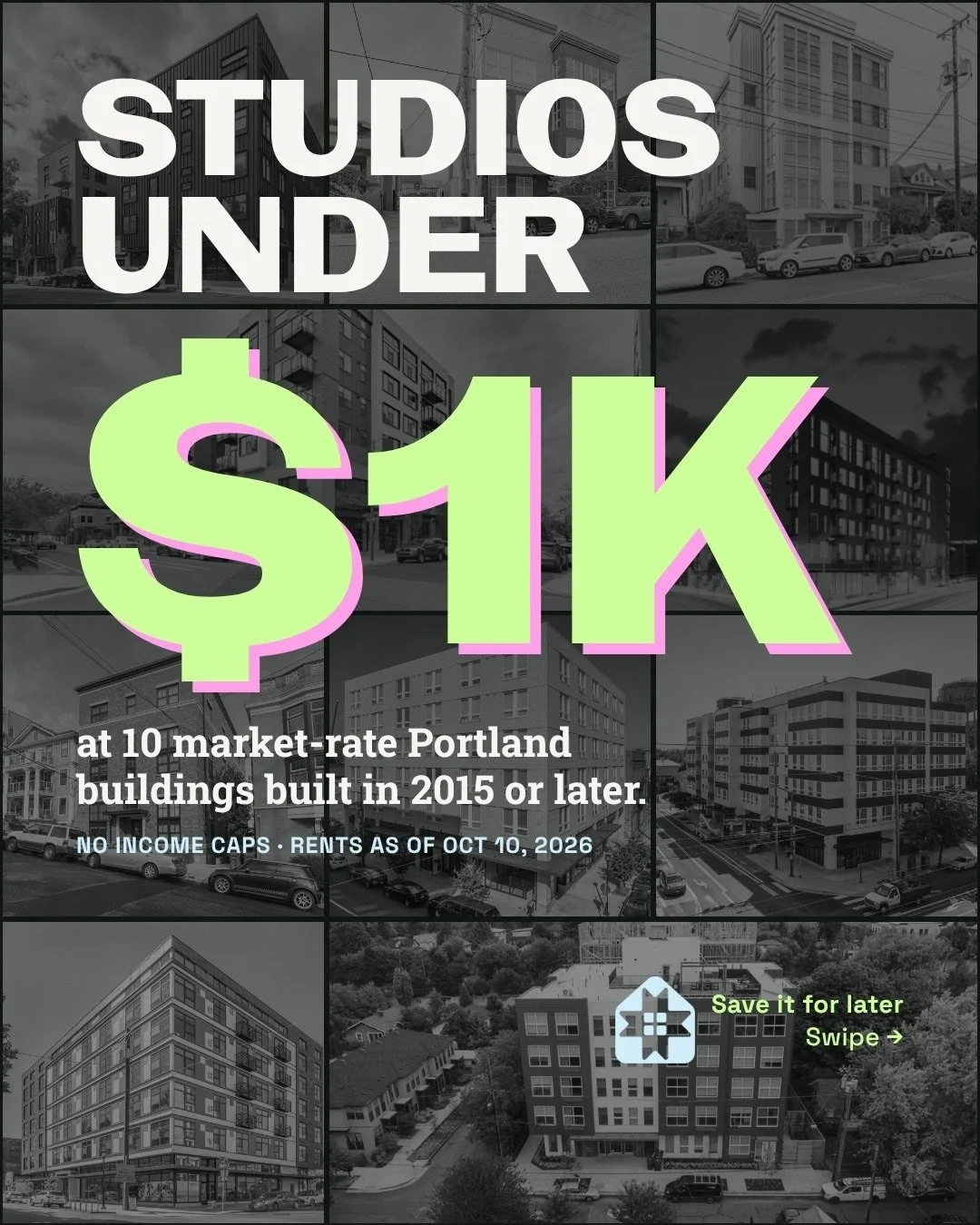 Studios under $1,000 at 10 market-rate Portland buildings, all built in 2015 or later. 

8 have a move-in special right now, and we&rsquo;ve toured 4. Rents change fast, so call or check online for updates. 

Want backup? A WERQ navigator can tour wi