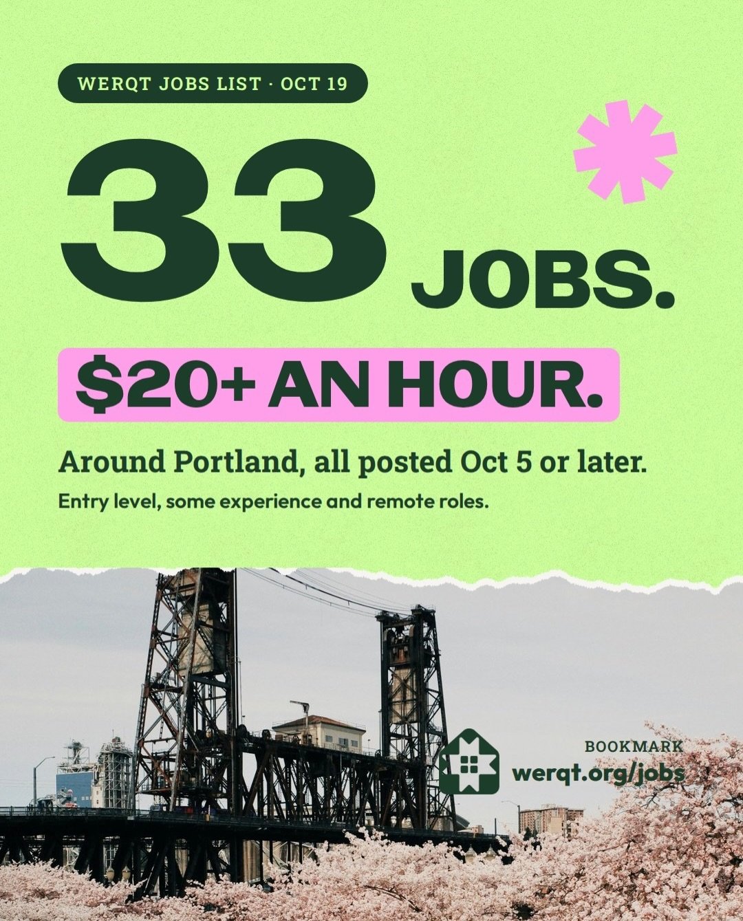 33 jobs paying $20+/hr around Portland, all posted Oct 5 or later. New list of jobs every Monday. 

Swipe for pay, place and details. 
❤️&zwj;🔥Every link to apply: werqt.org/jobs

We list jobs, these are not employer endorsements. If you get the gig