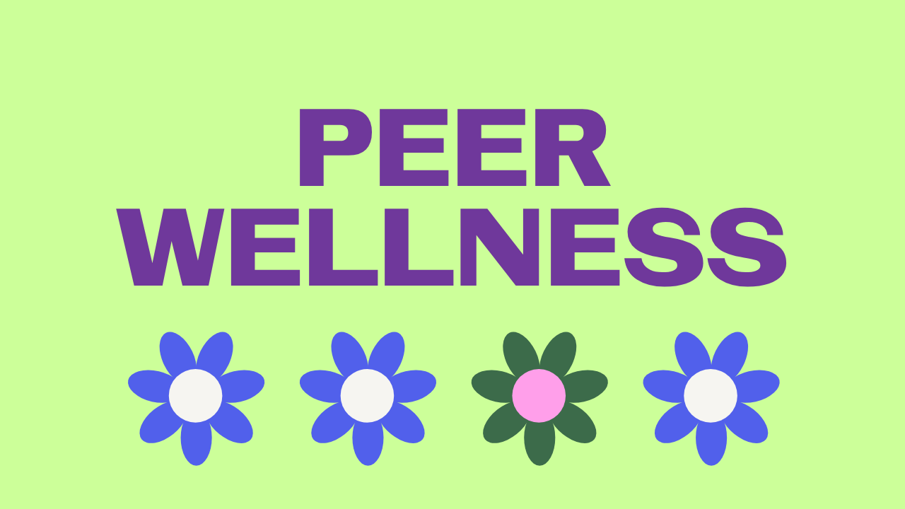 Peer Wellness. Bright green background above a row of daisi