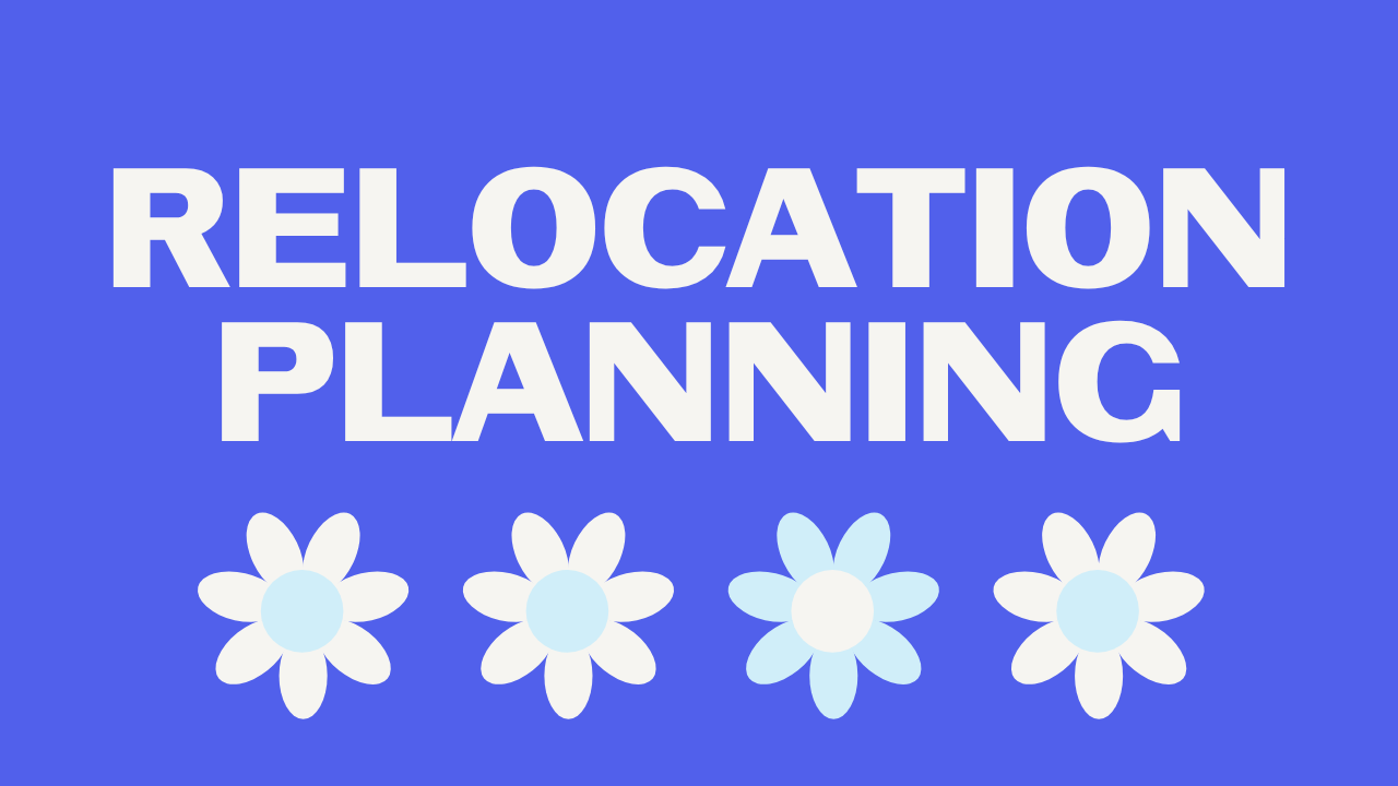 Relocation Planning. Bold white letters on a periwinkle blue background above a row of four white daisies with light blue centers.