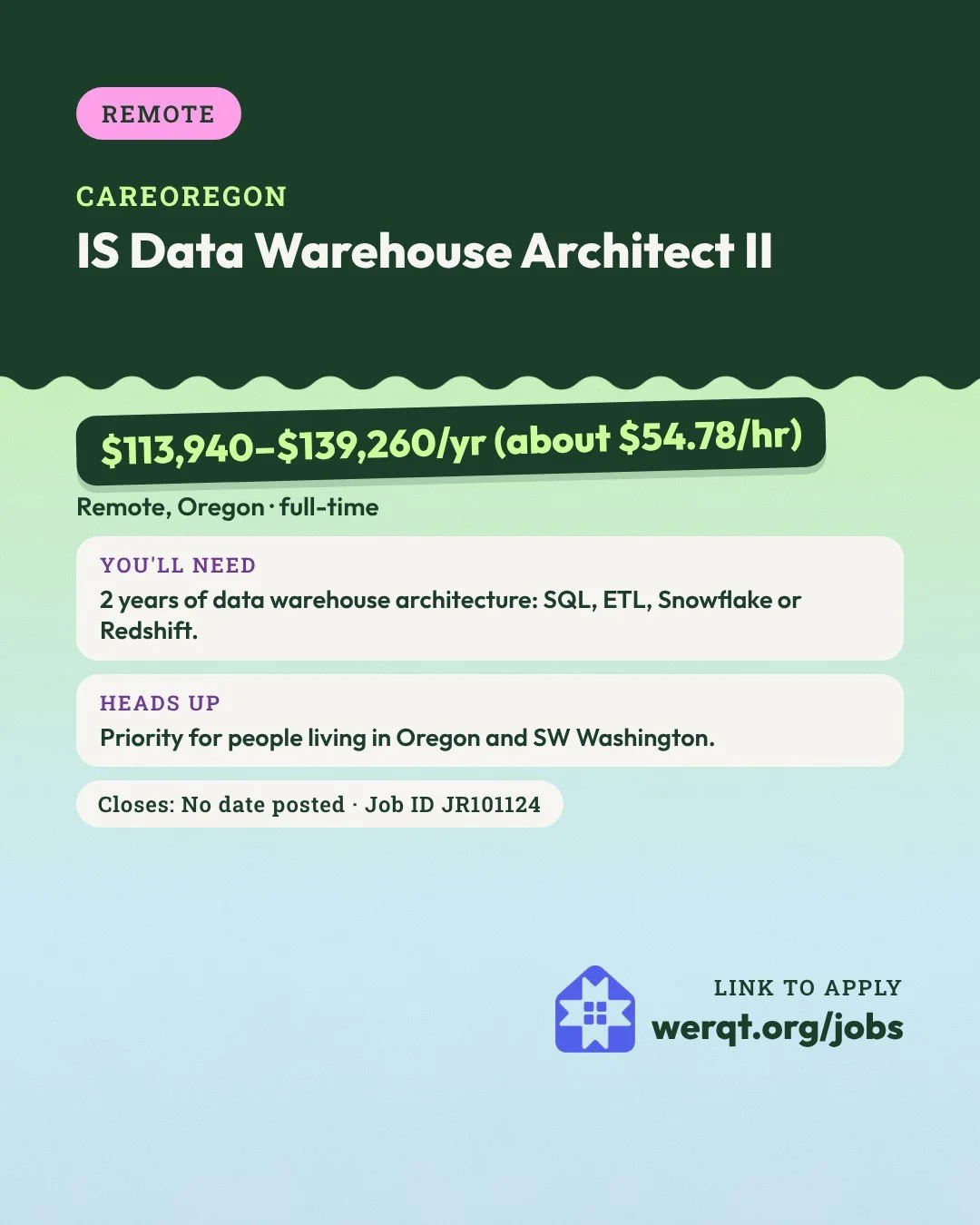 CareOregon, IS Data Warehouse Architect II. $113,940 to $139,260 a year. Remote, Oregon, full-time. Needs 2 years of data warehouse architecture. Job ID JR101124. Opens the posting in a new tab.