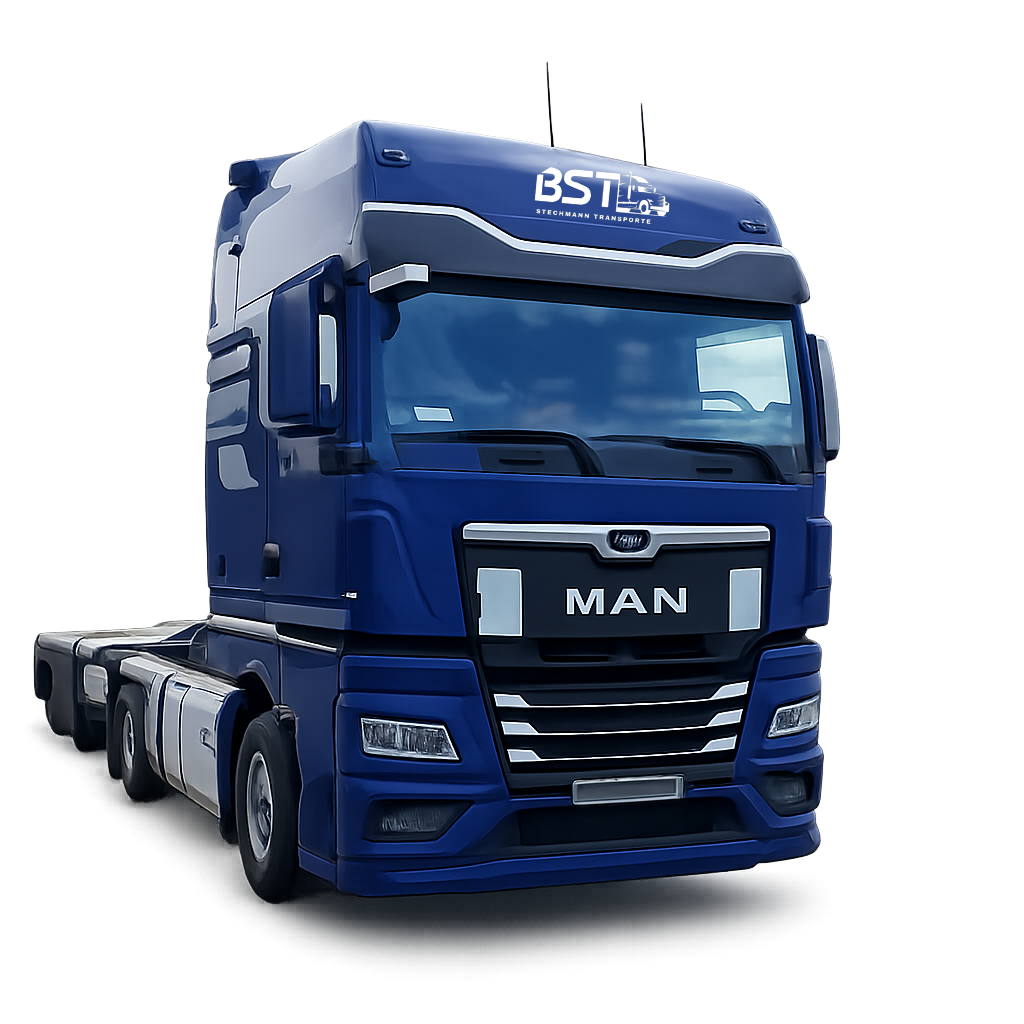 Ein großer blauer Lastwagen mit der Aufschrift 'MAN' auf der Vorderseite und 'BST' auf der oberen Motorhaube, der für den Transport verwendet wird.