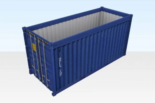 Ein leeres, blauer Schiffscontainer mit Doppeltüren.