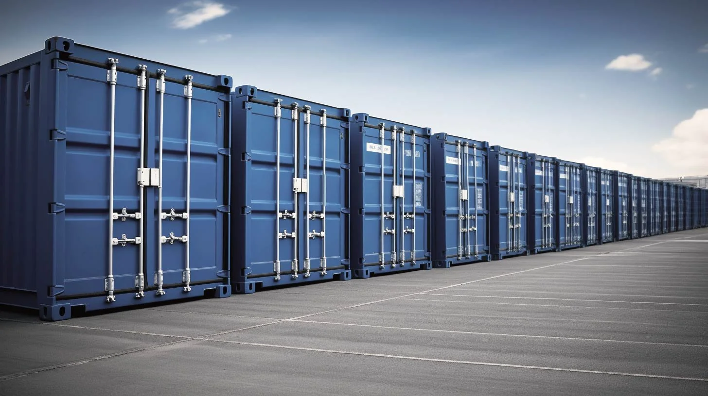 Mehrere blaue Container stehen in einer Reihe auf einem Parkplatz mit markierten Parkflächen, unter blauem Himmel mit wenigen Wolken.