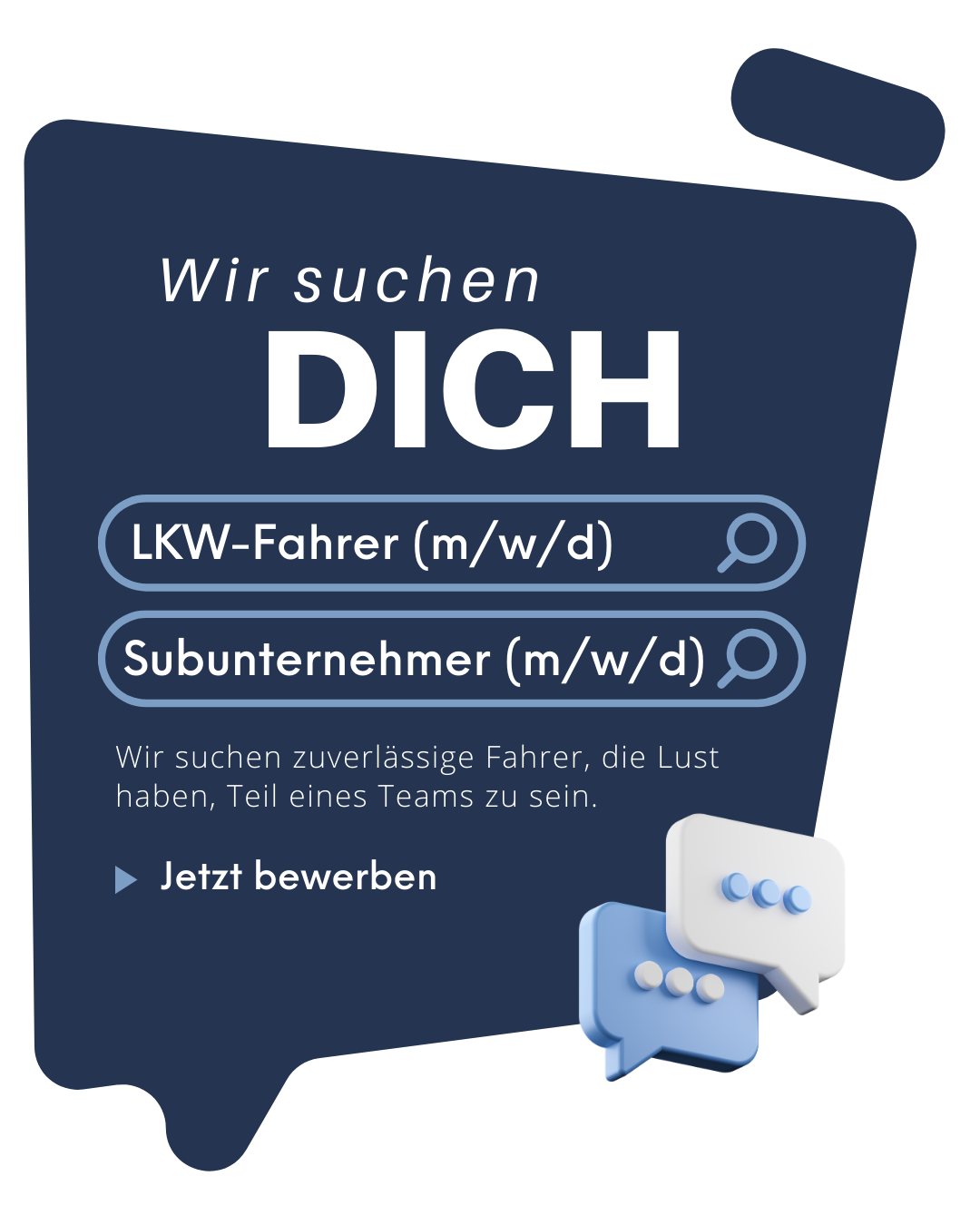 Stellenausschreibung auf Deutsch für LKW-Fahrer und Subunternehmer, mit Sprechblasen.