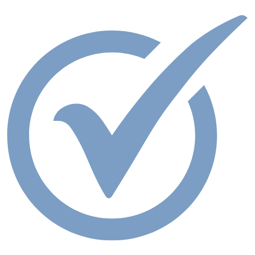 Ein blauer Häkchen innerhalb eines Kreises, Symbol für Kontrolle oder Bestätigung.