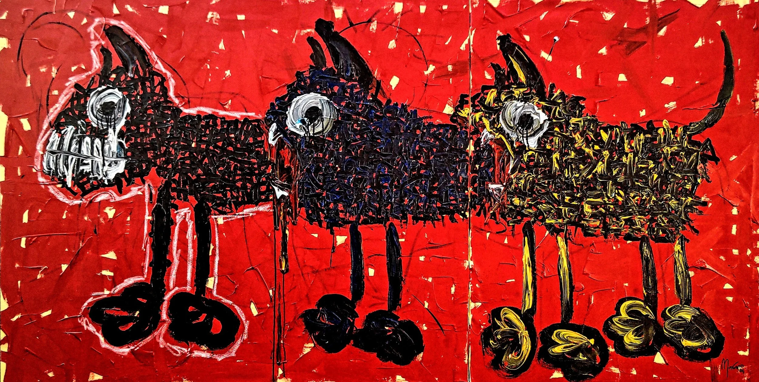 VICTIM, VICTOR OR VILLAIN, 2024. Acrylic, oil sticks and spray paint on canvas. 140x150x5cm, 140x90x5cm (Diptych).