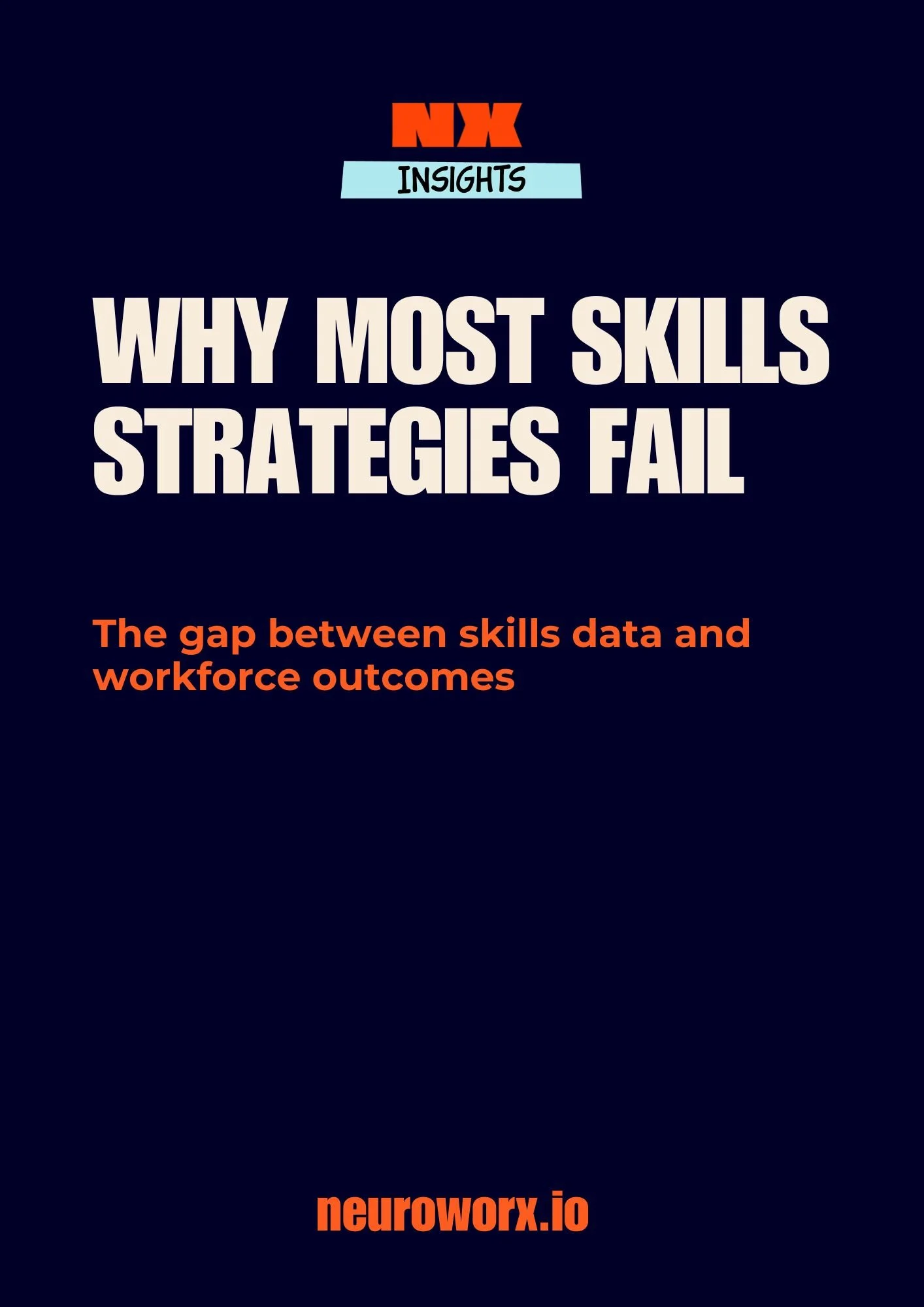Cover page of a report titled 'Why Most Skills Strategies Fail' with the subtitle 'The gap between skills data and workforce outcomes' and the website 'neuroworx.io' at the bottom.