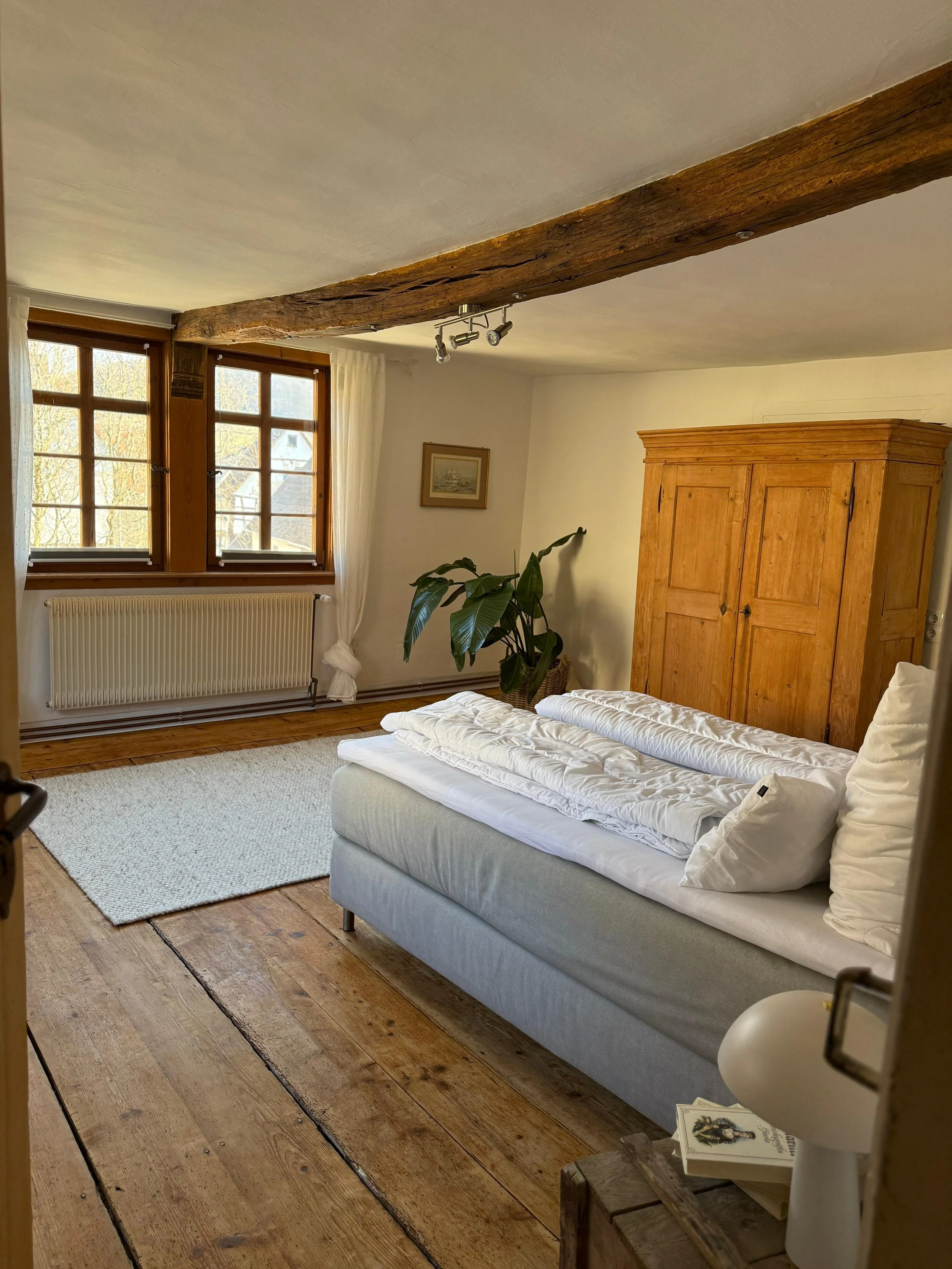 Zimmer mit Holzboden, großen Fenster, einem Beistelltisch mit Büchern, einem großen Holzschrank, einem Pflanzen und einem bequemen Bett.